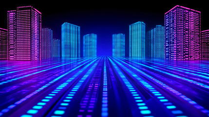 Poster - Dynamic light show in futuristic cityscape at night digital art vibrant colors urban environment aerial view
