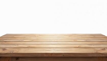 Poster - Empty wooden table on white background. Brown wood tabletop, desk surface. Plank board perspective view for food, products demo, shop display, montage. Kitchen counter background with light nature