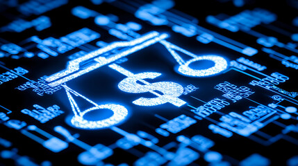 Poster - Financial balance analysis dollar symbol with scales digital environment technology concept