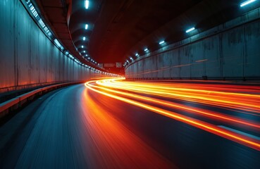 Poster - Long exposure shot of orange car headlights, taillights streaking in tunnel at night, creating dynamic light trails on road. Extended shutter speed photo with blur motion movement. Fast drive action.