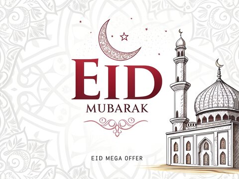 Eid Mubarak, Eid Mega offer  text red colour with mosque isolated on white background