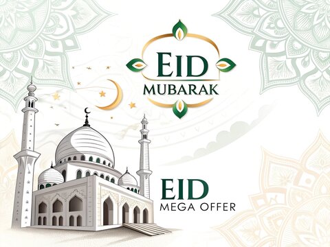 Green colour Eid Mubarak, Eid Mega offer  text  with mosque isolated on white background