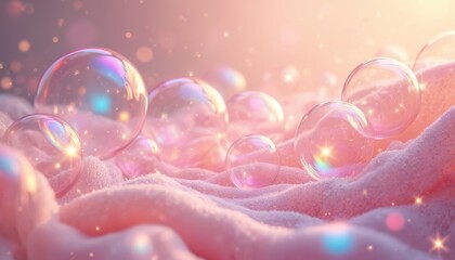 Poster - Panoramic banner of soap bubbles floating on pink surface. Light airy spheres with rainbow iridescent surface glow in light, creating festive mood. Use for party, funfair, holiday backgrounds.
