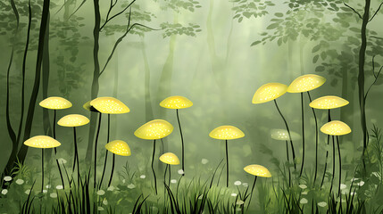Poster - Glowing yellow mushrooms enchanted forest digital artwork tranquil environment serene viewpoint nature concept