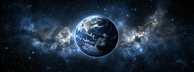 Wall Mural - Earth globe floating in a dark, starry space with a soft ambient glow, minimalistic and abstract design, simple representation of planet Earth in cosmic environment.