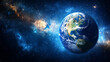 © da - Earth globe floating in a dark, starry space with a soft ambient glow, minimalistic and abstract design, simple representation of planet Earth in cosmic environment.
