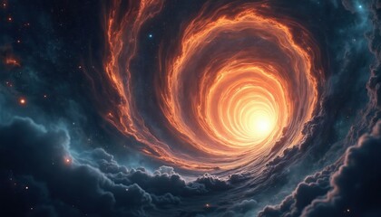 Poster - Cosmic explosion vortex in dark sky. Universe space spiral wormhole tunnel for astrology, galaxy research. Dimension portal of cosmic creation and big bang in cosmos.