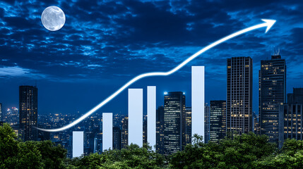 Poster - Business growth trends urban landscape infographic nighttime aerial view future projections