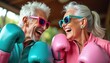 © miss irine - Joyful senior couple dressed vibrantly wearing boxing gloves. Man, woman laugh together showing vitality, camaraderie in later life. Colorful eyewear, friendship, bond, cheerful mood, dynamic lively