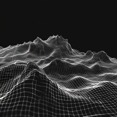 Aufkleber - 3D Wireframe Landscape: Abstract Network Topography with White Grid on Black Background Depicting Digital Terrain