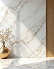 Aufkleber - Elegant white marble backdrop with golden veins accent and golden vase with dry flowers. Luxury interior wall, floor design with metallic gold decor element, creating sophisticated posh scene.