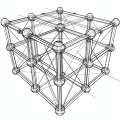 Poster - Abstract Cube Structure: A Wireframe Design of Interconnected Spheres and Lines on a Clean White Background