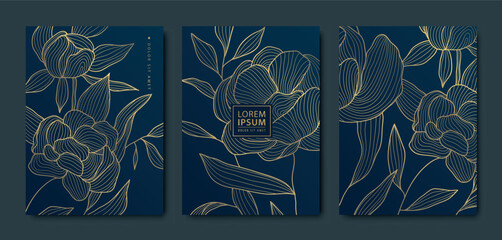 Vector set of golden flower vintage cards, elegant leaf line frames, japanese style invitations. Memory, funeral templates, greeting luxury backgrounds.