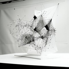 Aufkleber - abstract network sculpture: a modern art piece of interconnected nodes and lines in monochrome