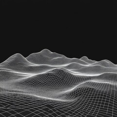 Poster - Abstract Wireframe Landscape on Black: A digital 3D rendering of a grid surface with undulating hills and valleys.