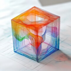 Aufkleber - Chromatic Cube: An Abstract Assembly of Line Art and Gradient Hues on a Grid Surface, An Eye-Catching Display.