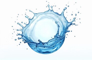 Poster - 3d illustration of transparent water splash with clear blue liquid scattered around isolated on white background. Dynamic motion effect of freshness, purity, energy, nature. Clean aqua design element.