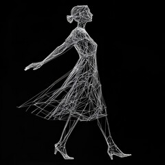 Aufkleber - Elegant Woman Striding Forward: A White Wireframe Silhouette Against a Black Background Depicts Movement and Modern Art