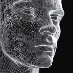 Poster - Human Face Grid: Wireframe Rendering of a Male Portrait Against a Black Background.