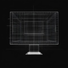 Fototapete - Minimalist Wireframe: Computer Monitor Design in Black and White, Technology Blueprint Concept