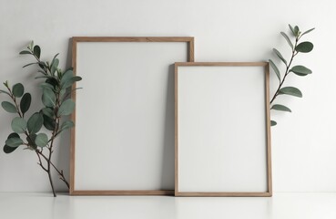 Leinwandbilder - Two blank frames mockup in white room, template for artwork, print or paintings presentation. Wooden picture frames with eucalyptus branch decor. Mockup with copy space, interior design, modern style.