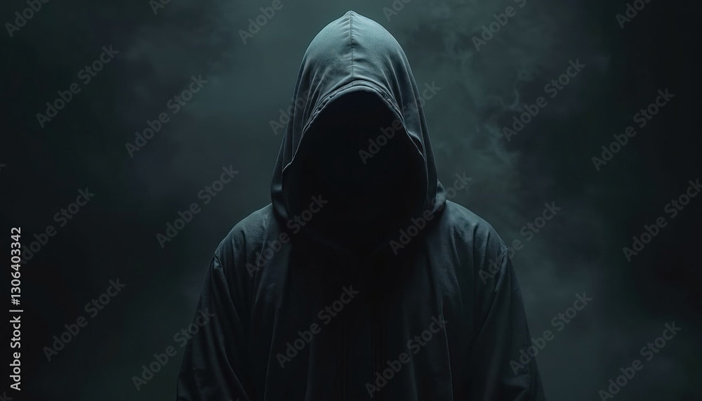 Mysterious hooded figure in dark robe isolated on black background with ...
