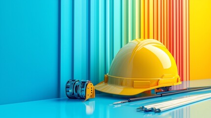 Brightly colored construction scene featuring a yellow hard hat and tools on a vibrant background
