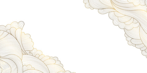 Aufkleber - Vector gold and white line wave art, japanese golden clouds, luxury sea ornament at corners. Water oriental banner, river fluid abstract template, wallpaper.
