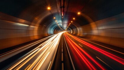 Poster - Dynamic light trails in illuminated tunnel at night