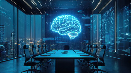 Poster - cutting-edge laboratory featuring advanced neurotechnology with a holographic brain at the center, i