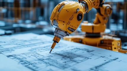 Poster - Advanced futuristic robot working on architectural blueprints at a construction site, demonstrating AI-driven engineering and automation. Close-up view.banner. copy space