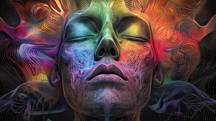 Poster - A holographic-style face with shifting colors, AI abstract digital painting