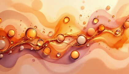 Poster - Abstract orange and pink fluid art with bubble accents on a cream background