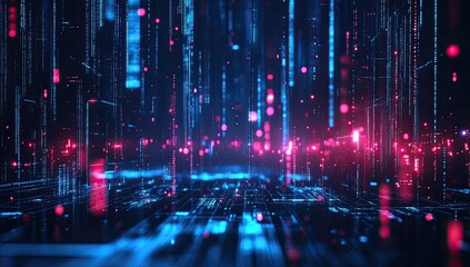 Dynamic dark blue red digital backdrop with glowing cyber city elements, modern tech design for data security concepts and corporate software interfaces.