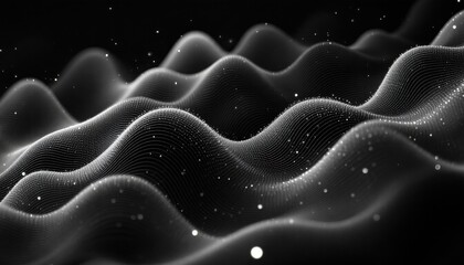 Poster - abstract black and white digital waves with particles in motion