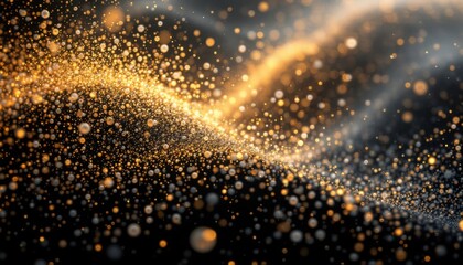 Poster - Golden light particles floating on dark background creating abstract wave pattern