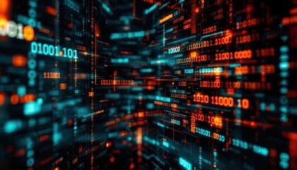 Fototapete - Futuristic digital data stream with binary code in blue and red hues