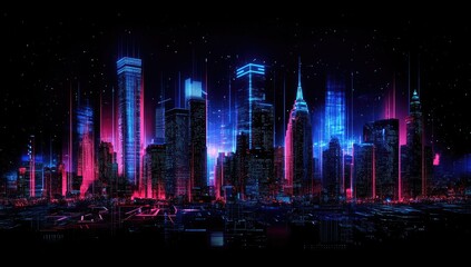 Abstract dark cyberpunk background with blue red neon lights and digital hologram effect, modern AI technology concept for data visualization and mobile apps.
