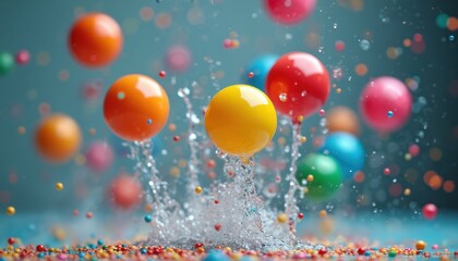 Poster - Close-up shot of colorful bouncing balls with water splashes. Abstract concept of energy, playfulness, childhood joy, fun movement. Dynamic vibrant bright light with blurred bokeh background with