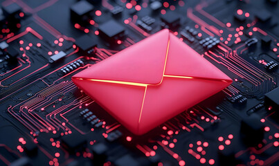 Poster - Red Email Envelope on Digital Circuit Board Background Display