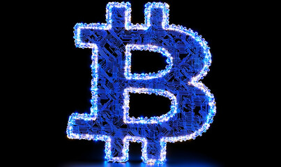 Poster - Illuminated Bitcoin Symbol Made of Circuit Patterns on Black Background
