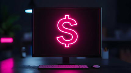 Poster - Neon Dollar Symbol on Black Screen in Modern Workspace Environment