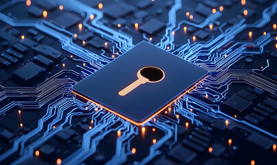 Poster - Digital Lock Symbol on Circuit Board in Blue and Orange Design