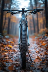Poster - A single bicycle is parked in a dense forest, surrounded by trees and foliage