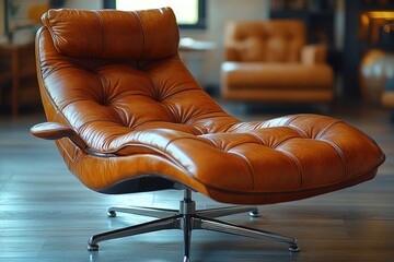Poster - A single brown leather chair sits on top of a hardwood floor, providing a cozy seating area