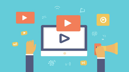Poster - Flat Design Vector Illustration of Video Marketing Concept with Laptop Screen, Play Buttons, and Megaphone for Digital Promotion