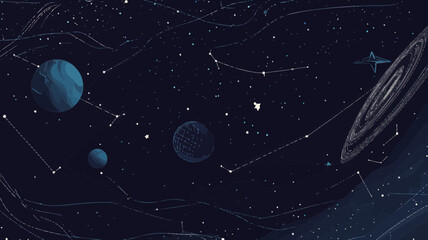 Poster - Astronaut in Starry Space Universe: Abstract Vector with Planets, Stars, Constellations, and Wireframe Elements
