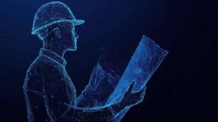 Poster - Digital Polygonal Wireframe Engineer Holding Blueprint in Hard Hat - Abstract Construction Concept on Dark Blue Background - Flat Minimalist SVG Vector Illustration