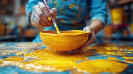 Poster - A person paints a bright yellow ceramic bowl on a table, focused on the creative process