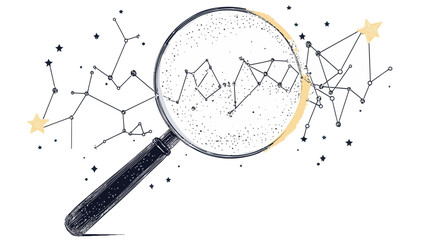 Poster - abstract mash line magnifying glass with starry sky and chart constellations on white background, mi